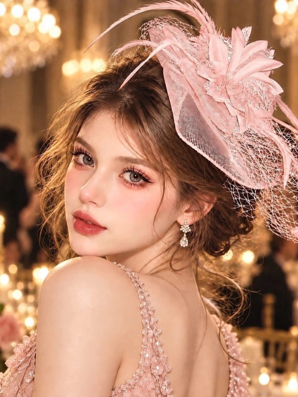 Blush Pink Fascinator Hat Feather Flower Veil Hair Clip Wedding Tea Party Derby